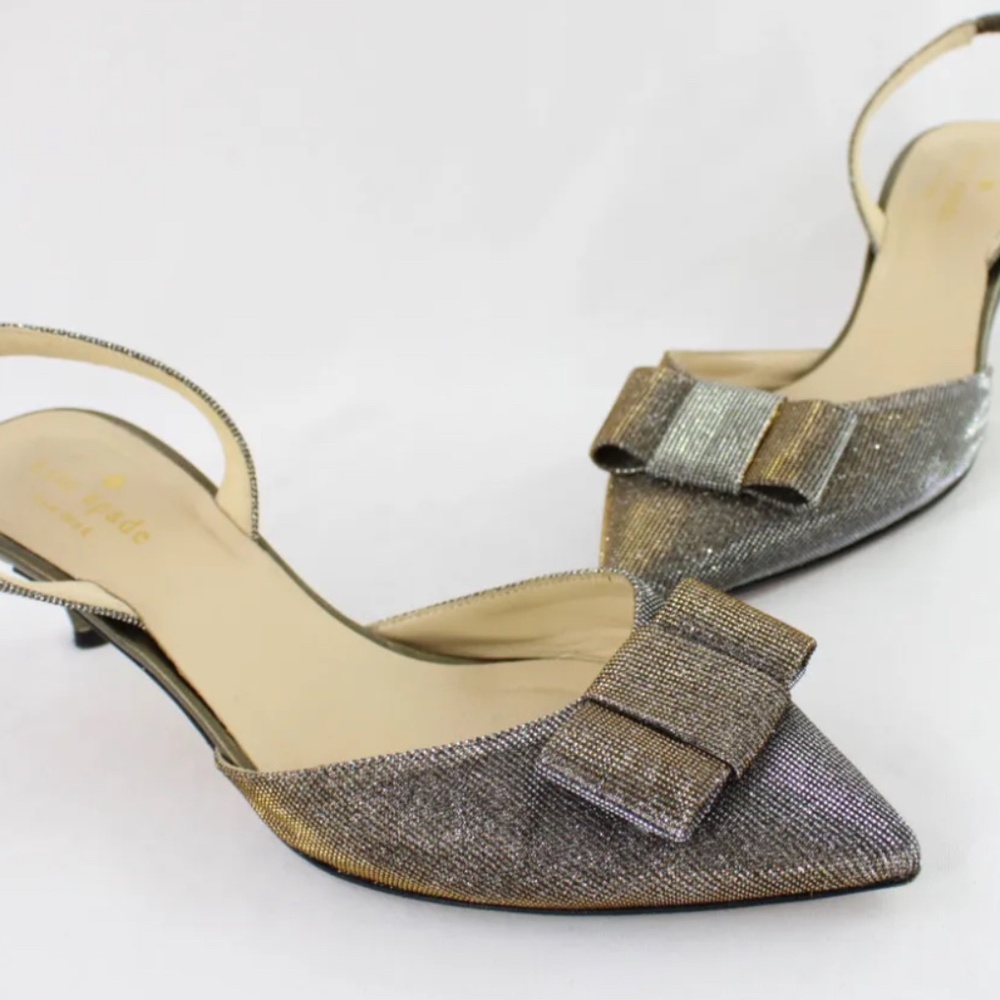 Kate Spade Silver Gold Iridescent Metallic Fabric Slingback Heel Shoe Size 7.5